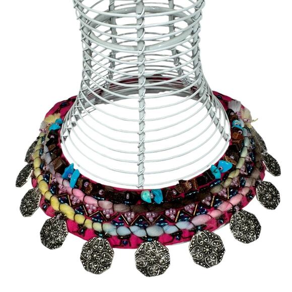 Unbranded Jewelry - Boho Beaded Fabric Collar Necklace Embellished Coin Multicolor Pink Festival